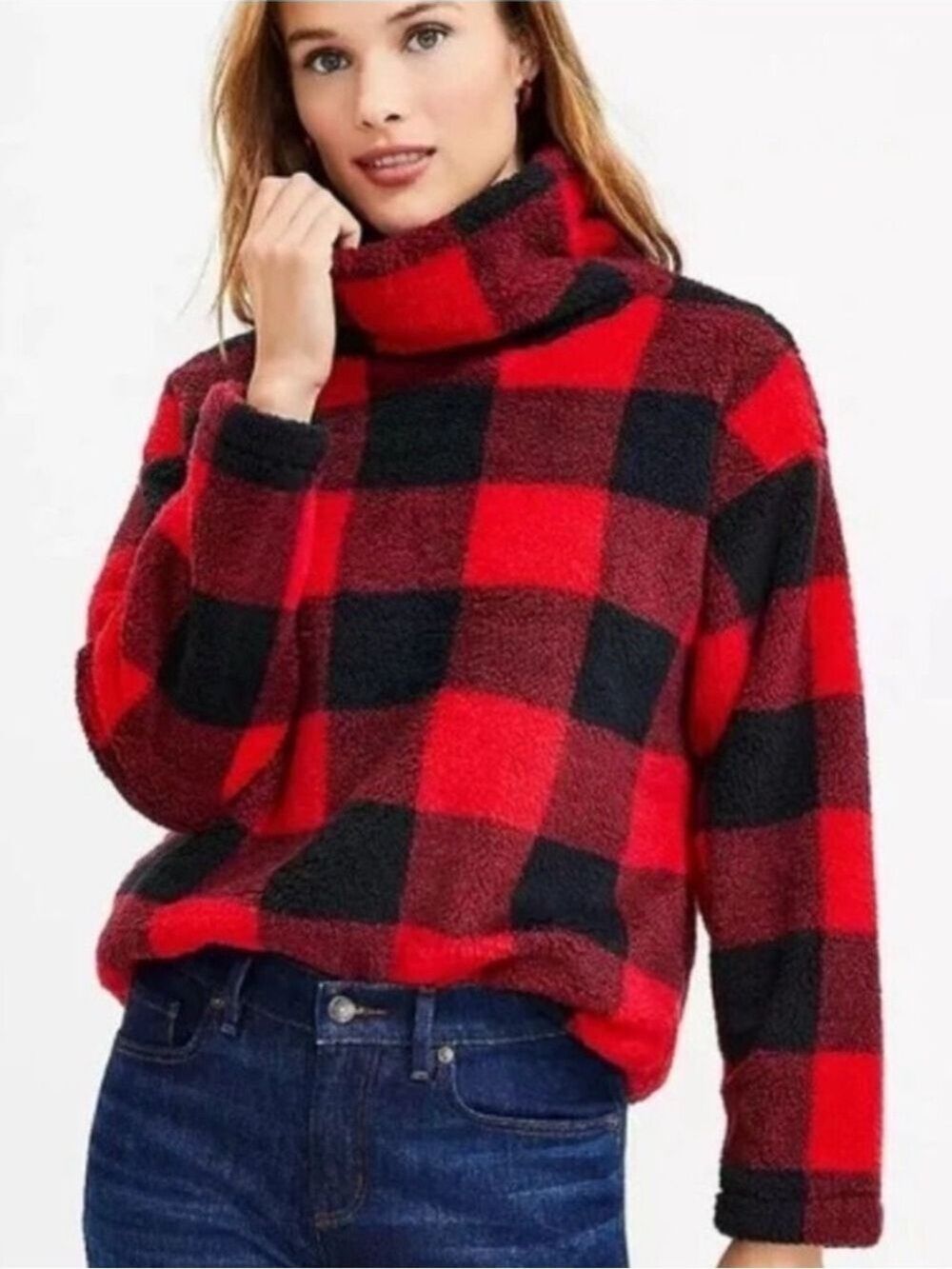 Loft Plush Fleece Buffalo Check Red and Black Plaid Funnel Neck Pullover XL - Picture 7 of 7